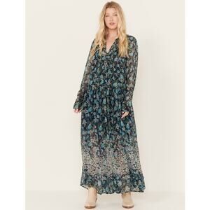 Free People See It Through Floral Long Sleeve Maxi Dress Blue Hobo Size M